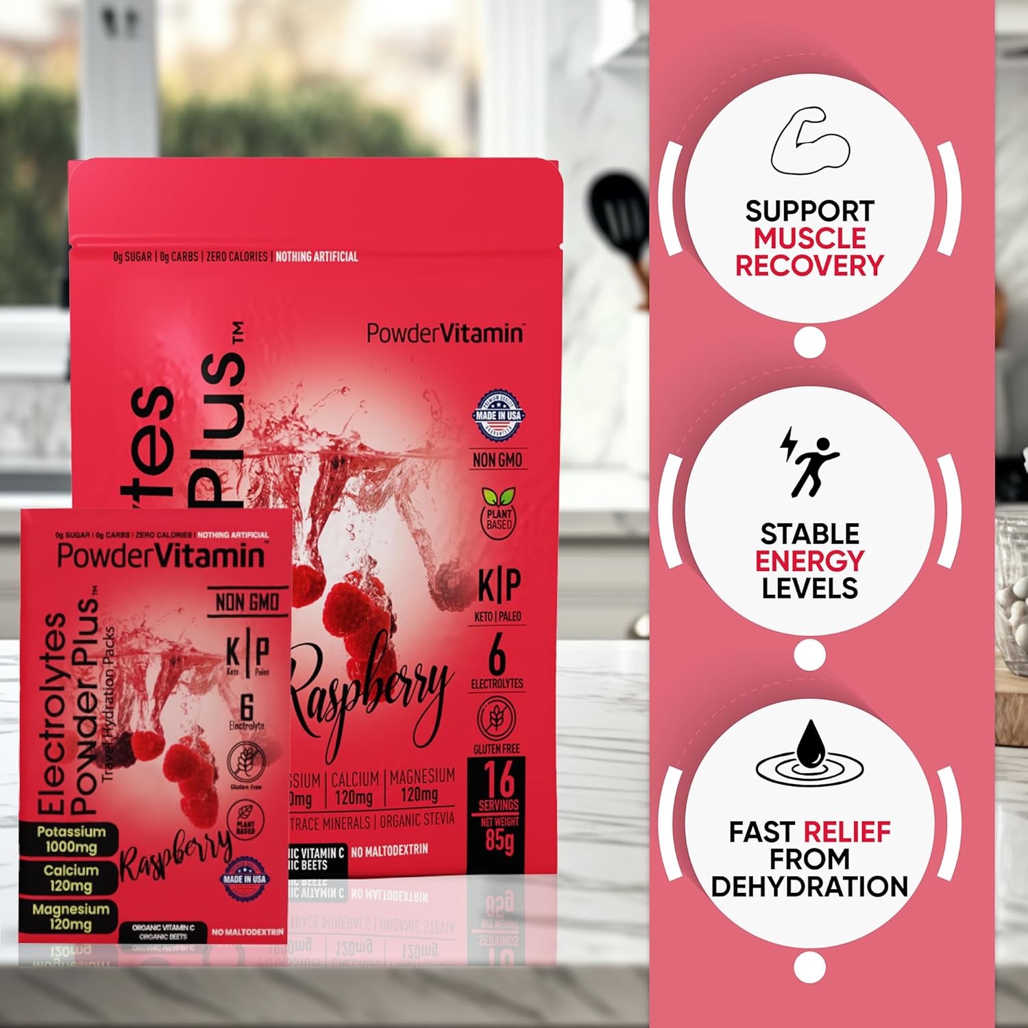 PowerVitamin Electrolytes Powder Packets - Raspberry - Keto Electrolytes for Energy - Hydration Powder with 1000mg Potassium, 120mg Magnesium, Zero Calories - 16 Hydration Packets