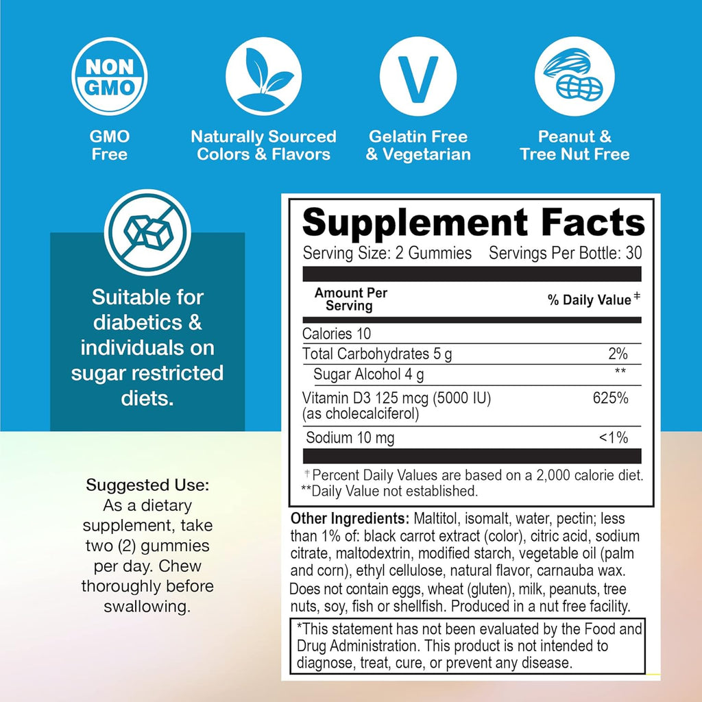 Yum-Vs - Vitamin D3 Gummies with Zero Sugar for Adults & Kids (125 mcg - 60 Count) - Sugar Free Vitamin D Gummies - Vegetarian Gummy Vitamins for Bone Support & Immune Health - Vit D3 Vitamin Chewable