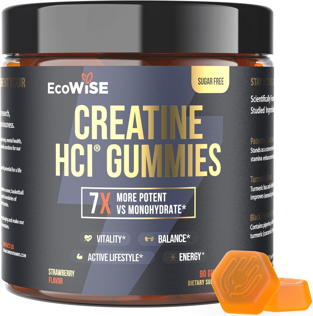 Creatine HCL Gummies 750mg, Chewable Gummies for Men & Women, Sugar-Free, Vegan, HCL Creatine for Active Lifestyle, Strawberry Flavor, 90 Count