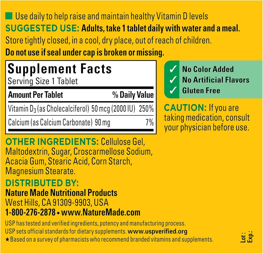 Nature Made Vitamin D3 2000 IU (50 mcg), Vitamin D Supplement for Bone, Teeth, Muscle and Immune Health Support, 400 Tablets, 400 Day Supply