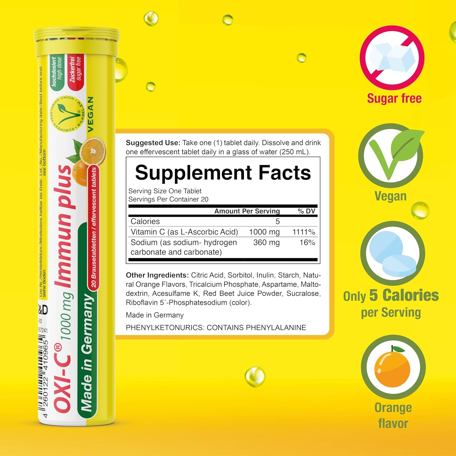 T&D Oxi C 1000 mg Vitamin C - 100 Vegan Drink Effervescent Tablets - Orange Flavor - Made in Germany