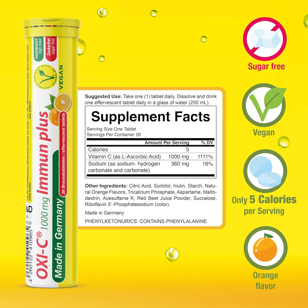 T&D Oxi C 1000 mg Vitamin C - 240 Vegan Drink Effervescent Tablets - Orange Flavor - Made in Germany