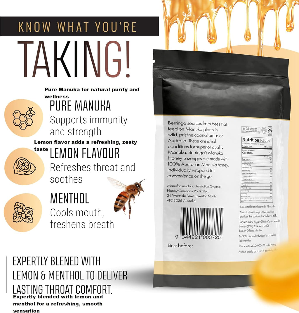 Berringa Australian Manuka Honey Lozenges, Lemon & Menthol, MGO 900+, 5.3 oz, 30 Count