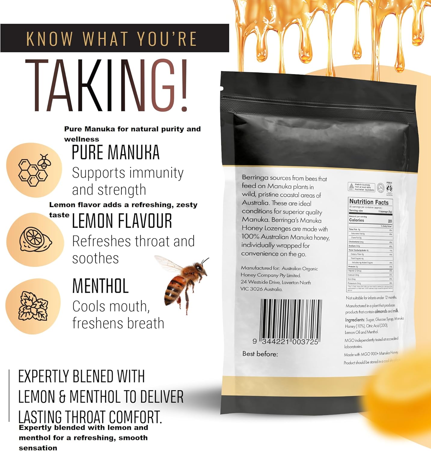 Berringa Australian Manuka Honey Lozenges, Lemon & Menthol, MGO 900+, 5.3 oz, 30 Count