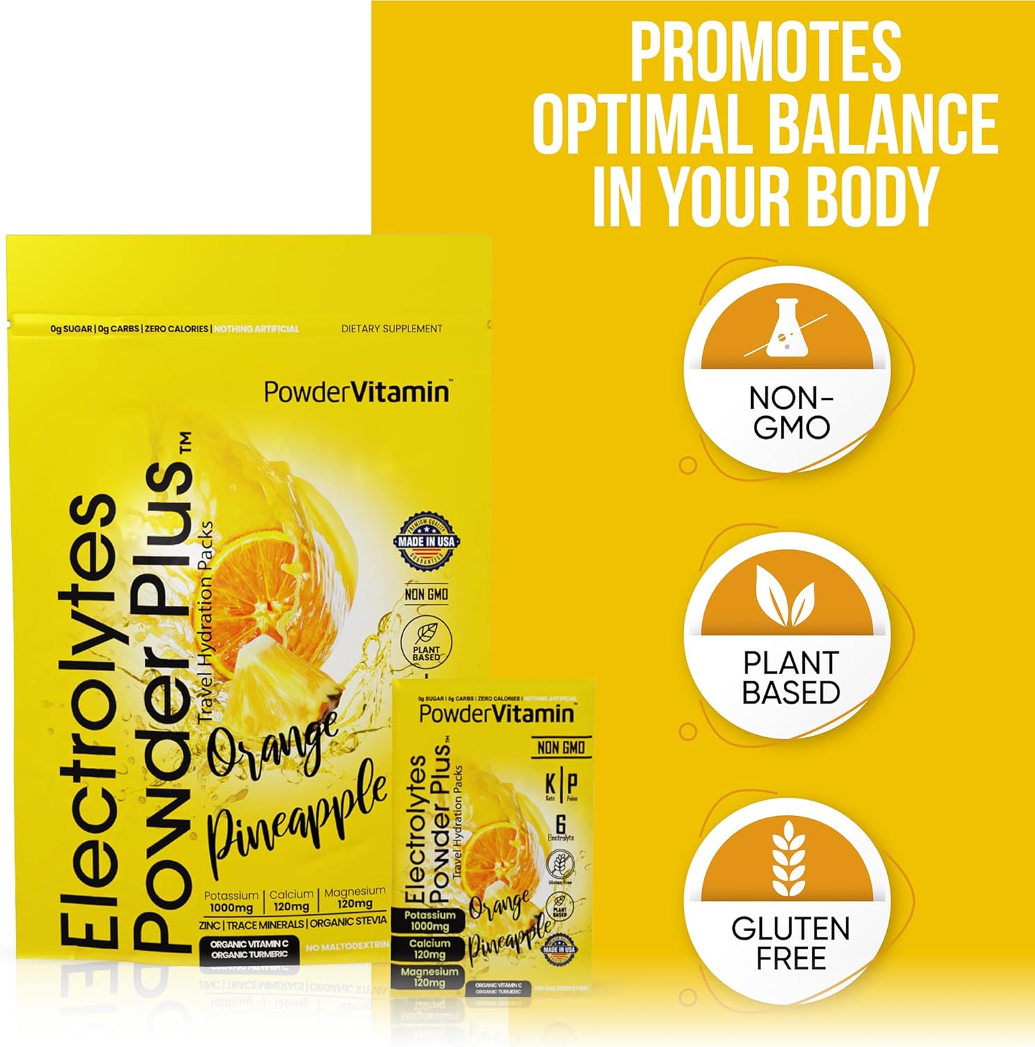 PowderVitamin Electrolytes Powder Plus, Keto, Orange Pineapple, Sugar Free, 1000mg Potassium, 120mg Calcium, 120mg Magnesium, Non-GMO, Zero Calories, 30 Hydration Packets