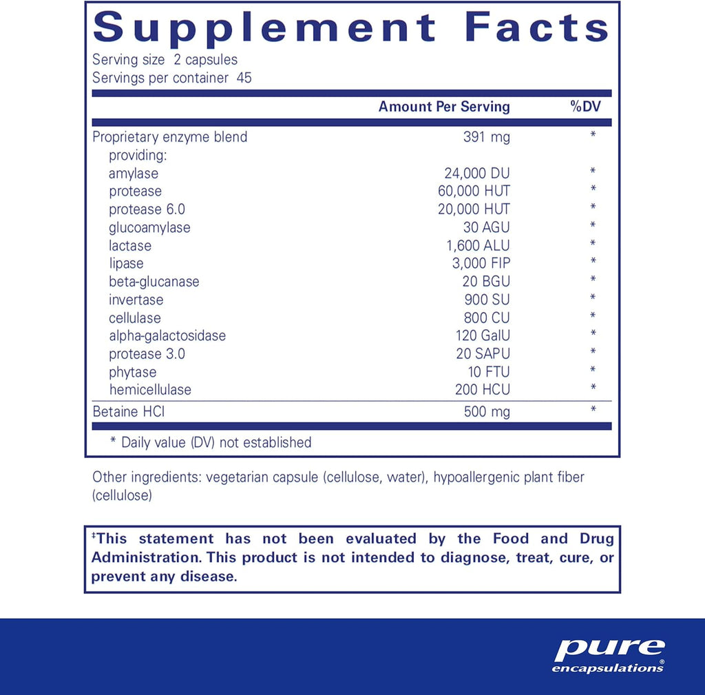 Pure Encapsulations Digestive Enzymes Ultra with Betaine HCl - Vegetarian Digestive Enzyme Supplement to Support Protein, Carb, Fiber, and Dairy Digestion* - 90 Capsules
