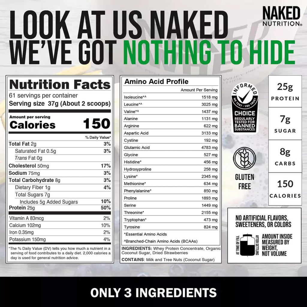 NAKED Strawberry Whey Protein - All Natural Grass Fed Whey Protein Powder + Dried Strawberries + Coconut Sugar- 5lb Bulk, GMO-Free, Soy Free, Gluten Free. Aid Muscle Growth & Recovery - 61 Servings