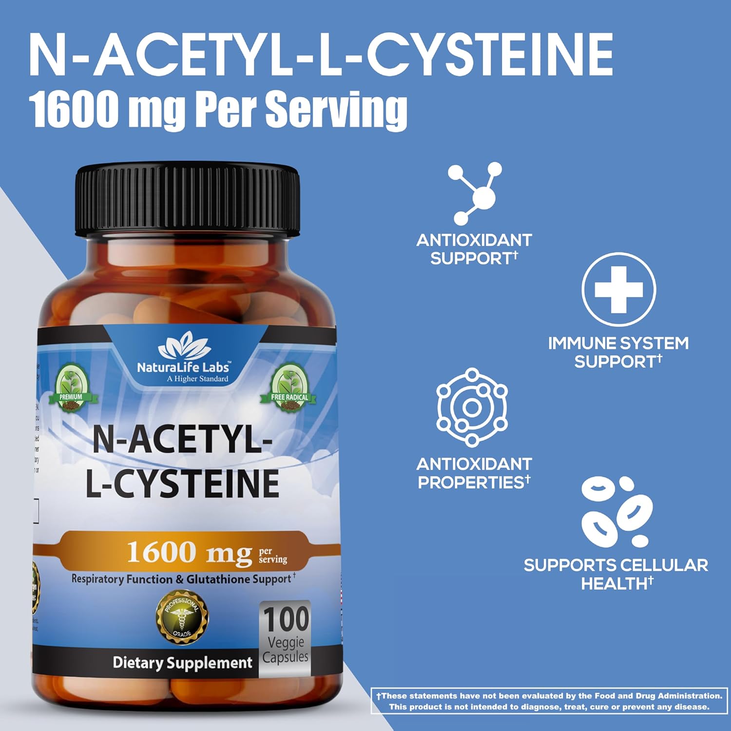 N-Acetyl-L-Cysteine (NAC) 1600 mg – Immune Support & Antioxidant Protection*, Helps Neutralize Free Radicals, Free Form, Exercise Performance – 100 Veggie Capsules