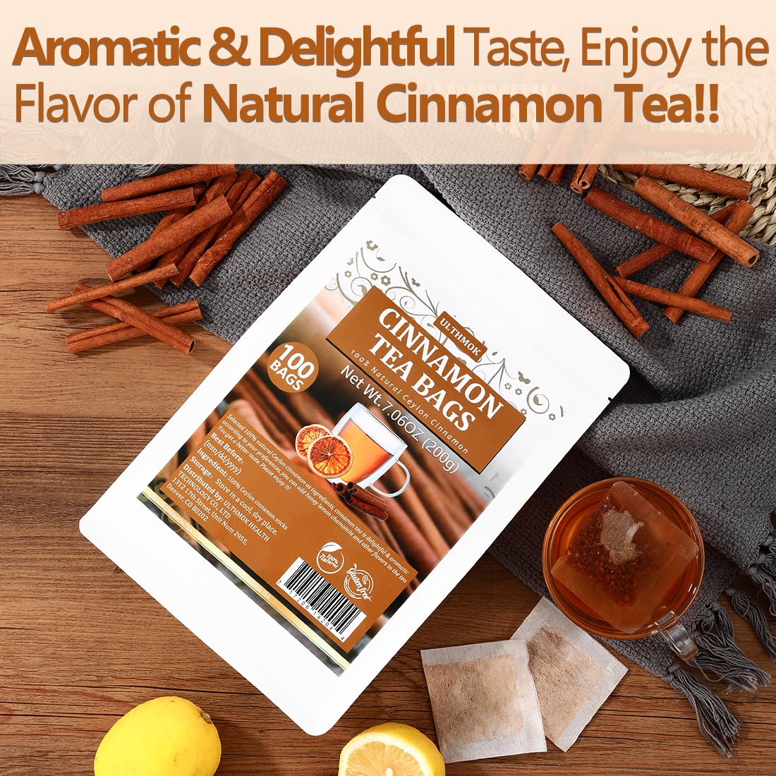 Premium 100 Pure Ceylon Cinnamon Tea Bags, Made with 100% Ceylon Cinnamon Sticks, No Additives & Caffeine Free.