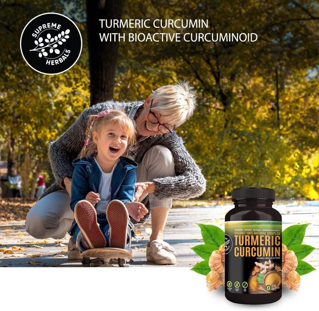 100% Raw and Organic Turmeric Curcumin Capsules. Certified Organic, Gluten-Free, Non-GMO, and Caffeine-Free. Enhanced with Garlic, Ginger and Black Pepper, 500mg, 120 Vegan Capsules