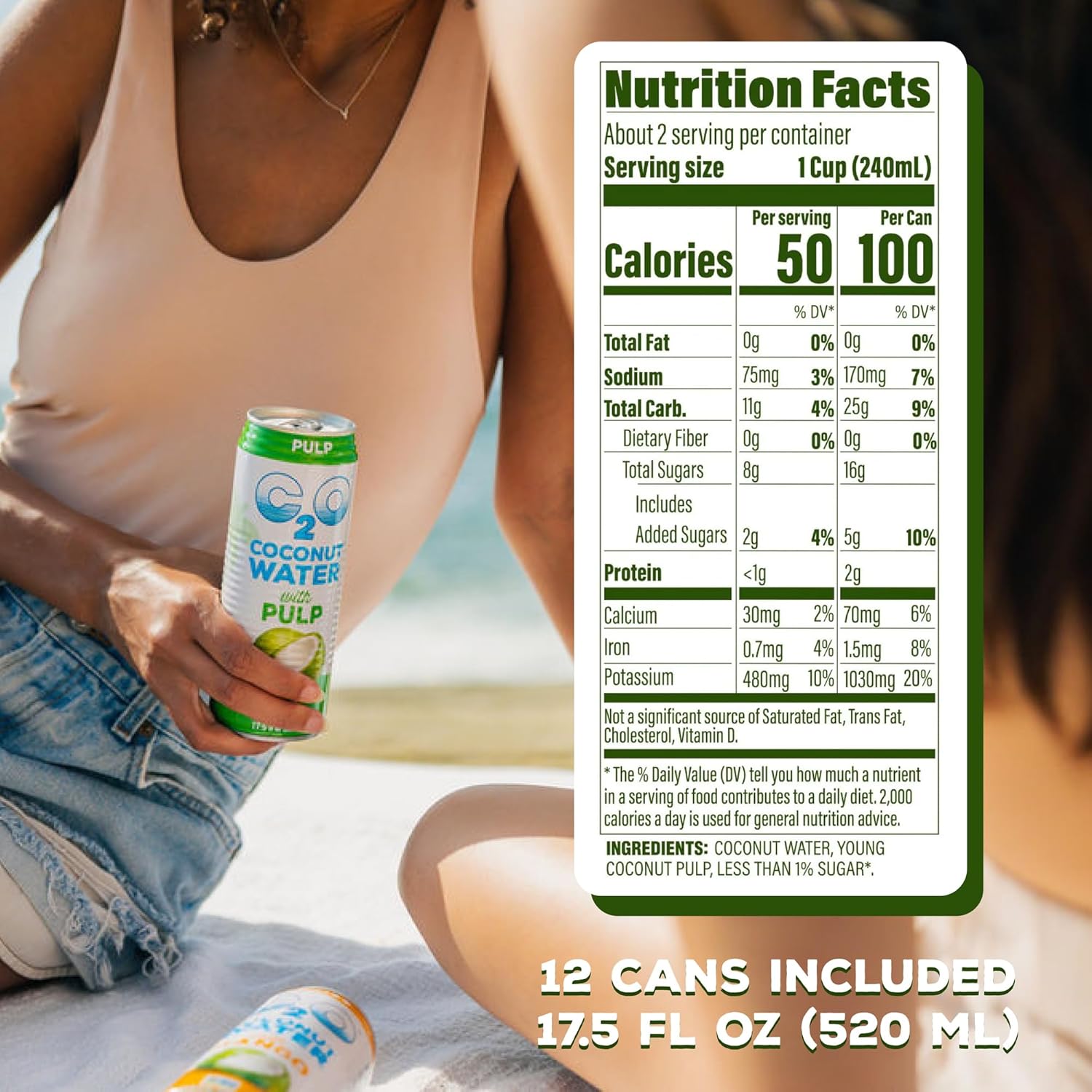C2O - Coconut Water with Pulp (12 Pack) - Made with Fresh Coconut Water - Plant Based - Non GMO - Canned Water - Natural Hydration, Essential Electrolytes, & Potassium - 12 Cans, 17.5 FL OZ