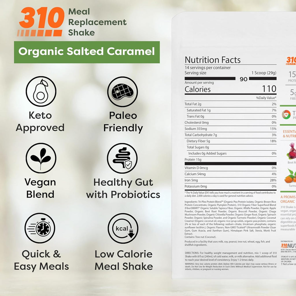 310 Nutrition Organic All-In-One Meal Replacement Shake Powder - Plant-Based Protein Smoothie Blend w/Fiber, Probiotics & Adaptogens - Low Carb, Vegan, Keto & Paleo - Salted Caramel - 28 Servings