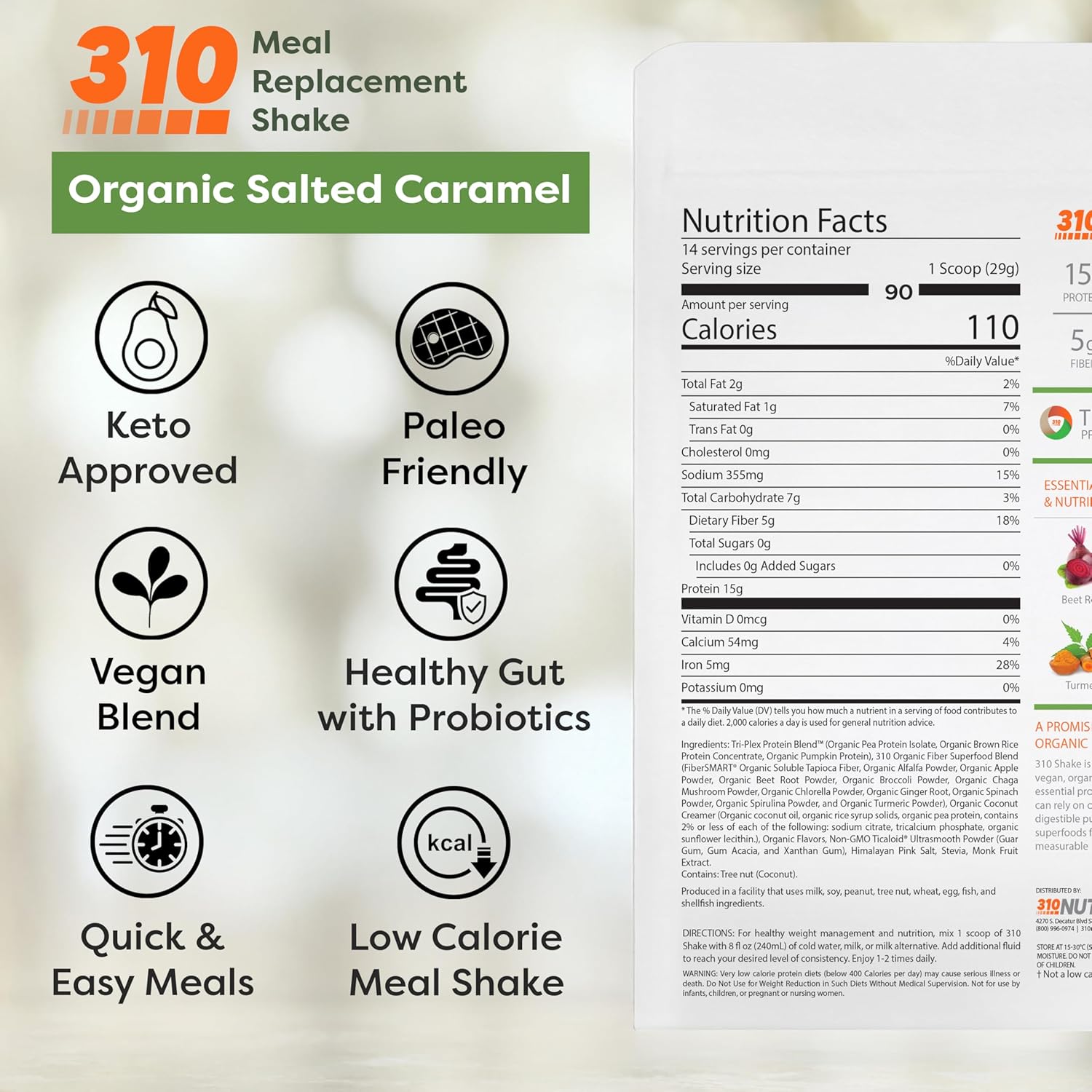 310 Nutrition Organic All-In-One Meal Replacement Shake Powder - Plant-Based Protein Smoothie Blend w/Fiber, Probiotics & Adaptogens - Low Carb, Vegan, Keto & Paleo - Caramel - 14 Servings