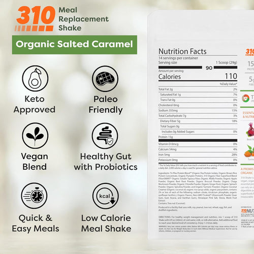 310 Nutrition Organic All-In-One Meal Replacement Shake Powder - Plant-Based Protein Smoothie Blend w/Fiber, Probiotics & Adaptogens - Low Carb, Vegan, Keto & Paleo - Caramel - 14 Servings
