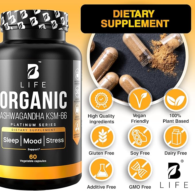 Organic Ashwagandha KSM-66 1000 mg Supplement | Adaptogen for Cortisol Support & Stress Relief | Mood, Calm & Sleep Aid for Men & Women | Ashwagandha ritual vitamins for women | 60 Vegan Caps