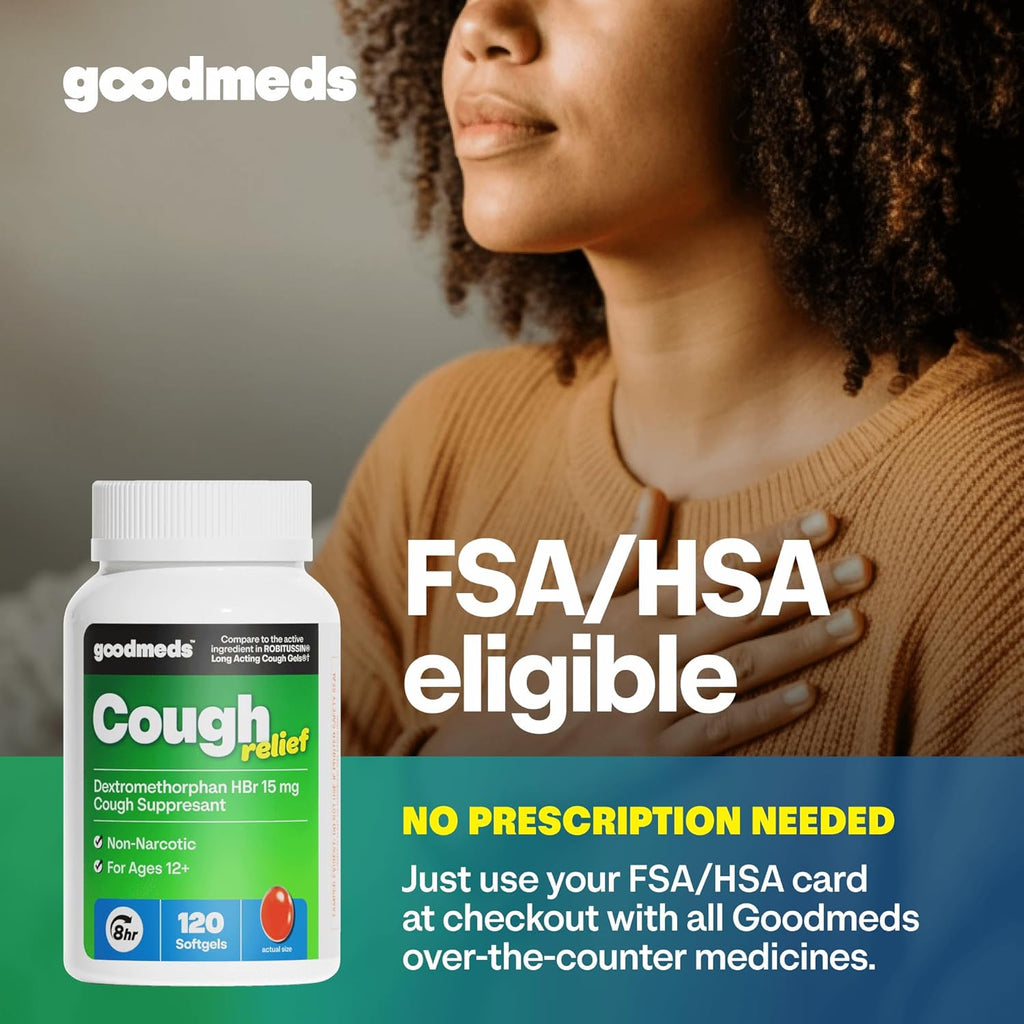 Cough Relief for Adults Softgels Dextromethorphan HBr (DXM) 15mg 8Hour, Non-Drowsy, Long-Lasting Bronchial Suppressant for Dry Cough and Chest Congestion (120 Count)