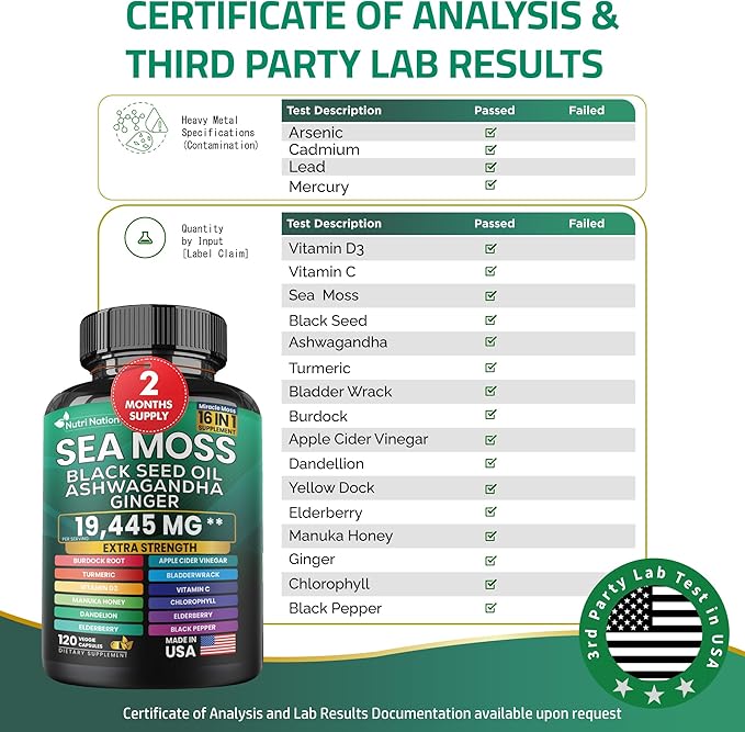 Sea Moss Black Seed Oil Ashwagandha and Burdock Root 16 in 1 Supplement 2 Bottles