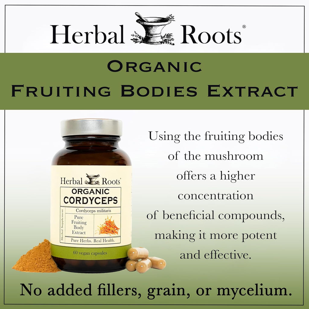 Herbal Roots Organic Cordyceps - Fruiting Body Extract Mushroom Capsules - Immune & Energy Support - 60 Vegan Capsules