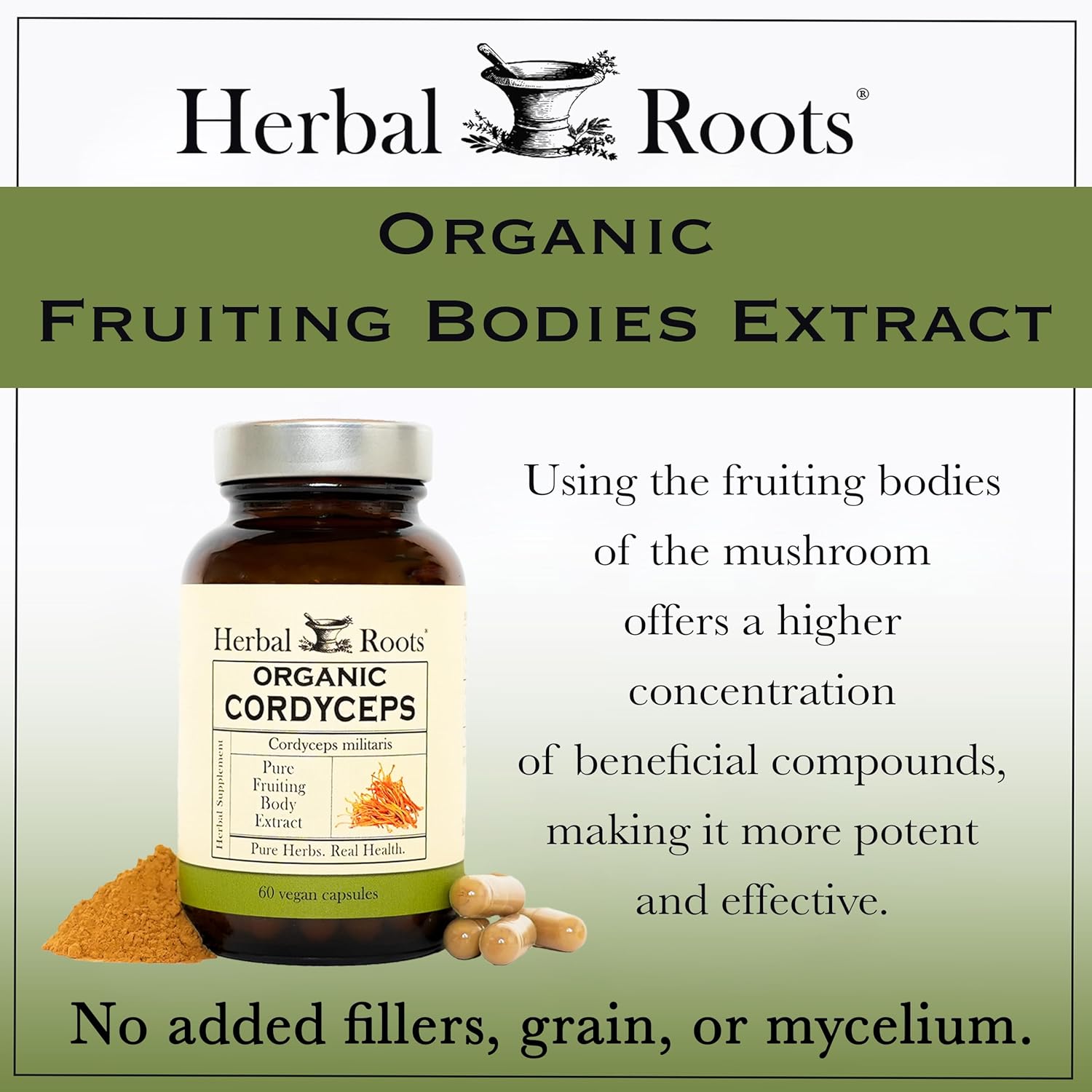 Herbal Roots Organic Cordyceps - Fruiting Body Extract Mushroom Capsules - Immune & Energy Support - 60 Vegan Capsules