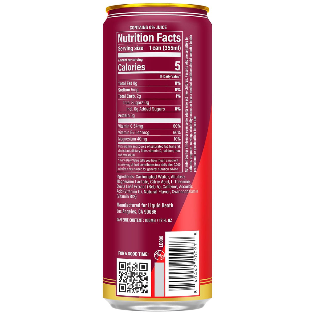 Liquid Death Sparkling Energy - Murder Mystery (Cherry Vanilla and Spice Flavor), Sugar-Free Energy Drink, Unextreme Caffeine 100mg, Essential Vitamins, 12 Fl Oz (Pack of 12)