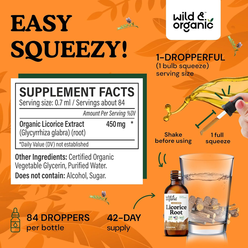 Wild & Organic Licorice Tincture - Digestive Support - Pure Licorice Root Extract Drops - Glycyrrhiza Glabra - Vegan, Sugar & Alcohol-Free Supplement - 2 fl oz