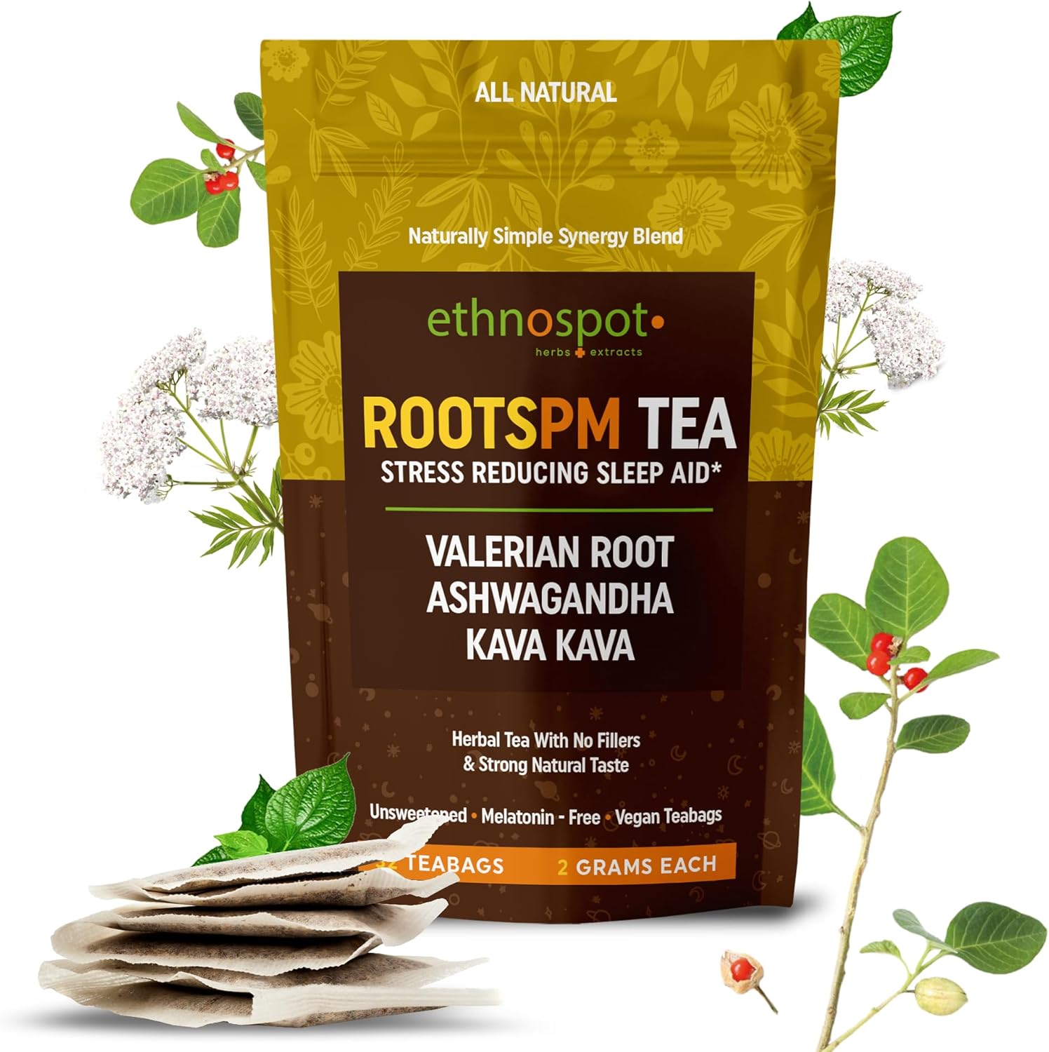 RootsPM Sleep Teabags - Herbal Blend of Valerian Root, Ashwagandha & Kava Kava, Natural Relaxation Tea for Restful Nights, Unsweetened & Vegan, 100% Natural Ingredients - 2 Gram Teabags - 32 Teabags