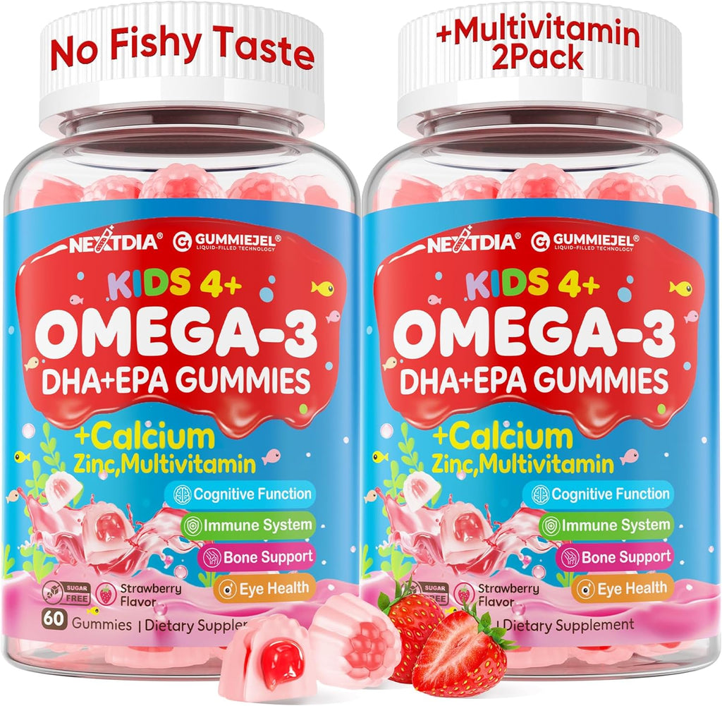 Omega 3 (EPA/DHA) Filled Gummies for Kids with Multivitamin, Calcium + D3 + K2 + Zinc, Plus Vitamin A B1 B2 B12 C, Selenium, Iodine for Brain, Eye, Bone, Energy, No Fish Taste, 2 Pack