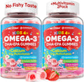 Omega 3 (EPA/DHA) Filled Gummies for Kids with Multivitamin, Calcium + D3 + K2 + Zinc, Plus Vitamin A B1 B2 B12 C, Selenium, Iodine for Brain, Eye, Bone, Energy, No Fish Taste, 2 Pack