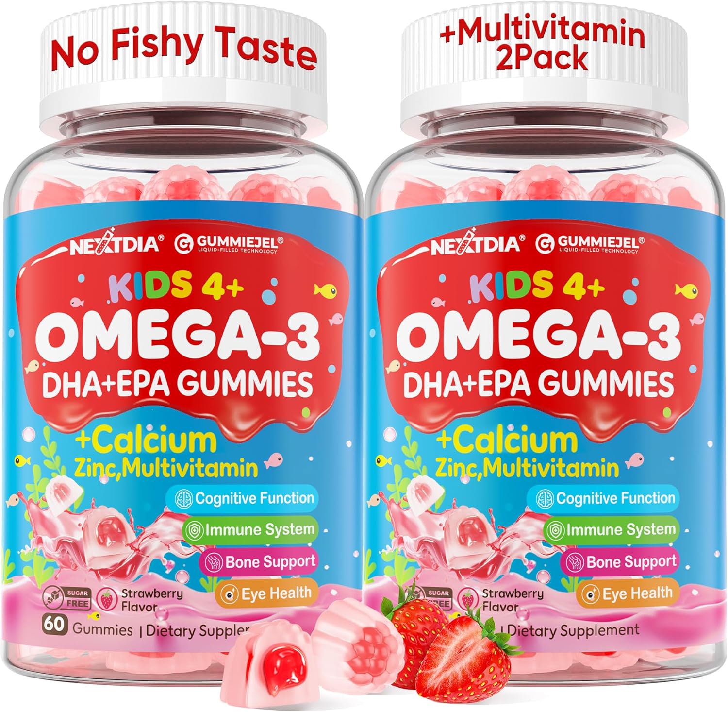 Omega 3 (EPA/DHA) Filled Gummies for Kids with Multivitamin, Calcium + D3 + K2 + Zinc, Plus Vitamin A B1 B2 B12 C, Selenium, Iodine for Brain, Eye, Bone, Energy, No Fish Taste, 2 Pack