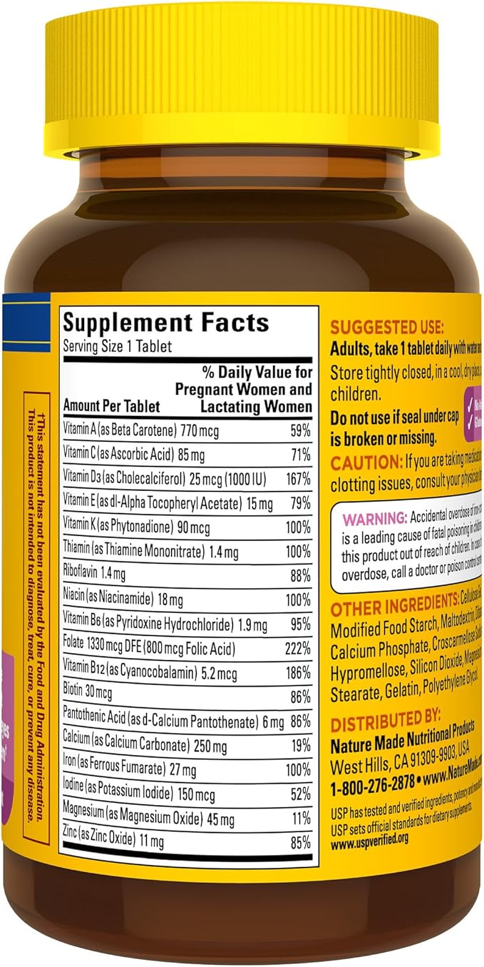Nature Made Prenatal Multivitamin with Folic Acid, Vitamin & Mineral Supplement, Daily Nutritional Support, Prenatal Vitamins for Women, 90 Tablets, 90 Day Supply