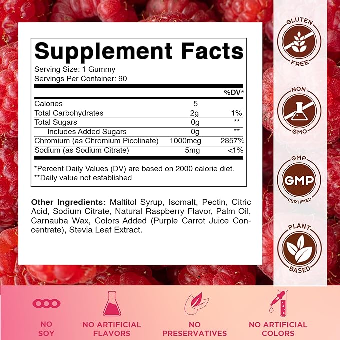 Vitamatic Chromium Picolinate 1000 mcg - 90 Gummies - High Potency Chromium - Raspberry Flavor
