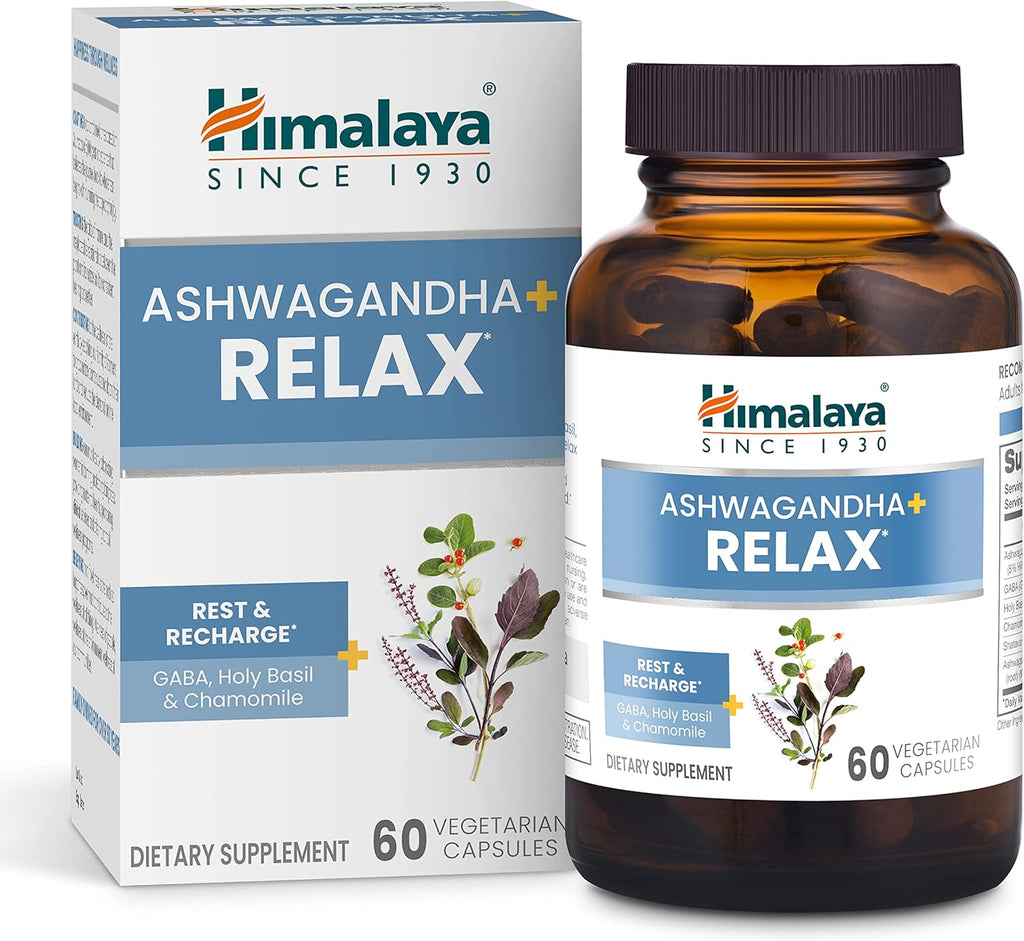 Himalaya Ashwagandha+ Relax, with GABA, Holy Basil & Chamomile for Reset, Relaxation & Stress Relief, Vegan, Gluten Free, 540 mg, 60 Vegetarian Capsules, 1 Month Supply