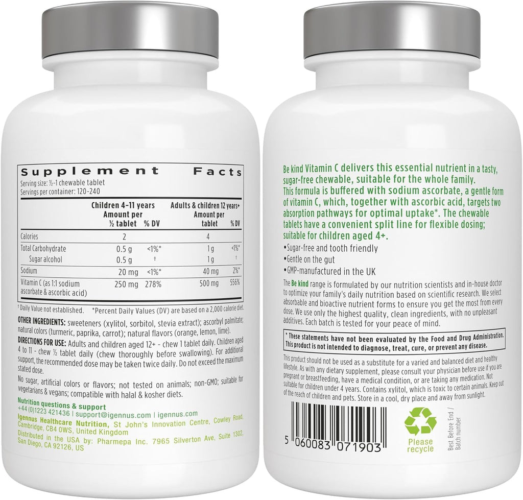 Igennus Gentle Buffered Vitamin C Chewable 500mg, No Artificial Colours & Natural Sugar Free Orange & Lemon Flavours, Kids & Adults, Vegan, Non-GMO, 120 Servings