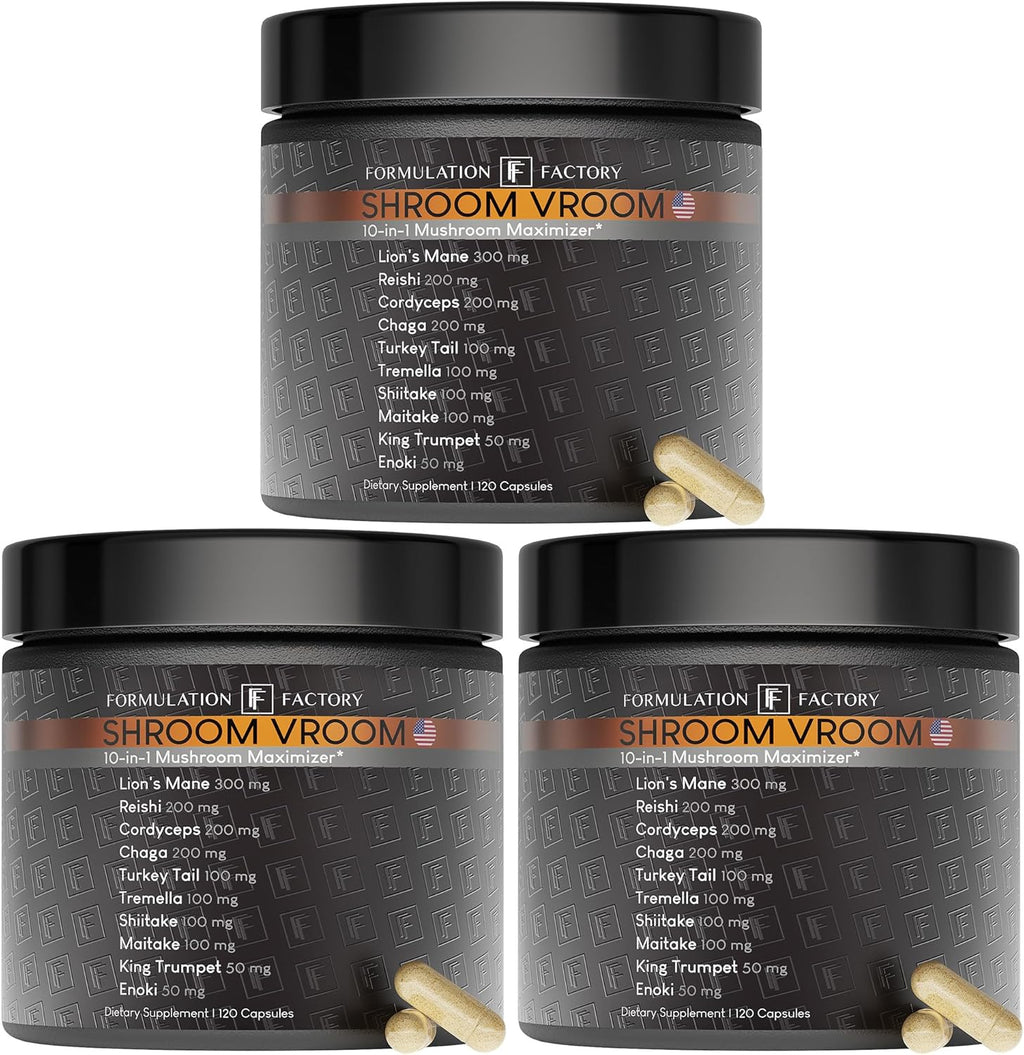 Shroom Vroom: 10-in-1 Mushroom Supplement, Lion’s Mane, Reishi, Cordyceps, Chaga, Turkey Tail, Tremella, Shiitake, Maitake, King Trumpet & Enoki, Brain Boost, Immune Support (120 count Pack of 3)