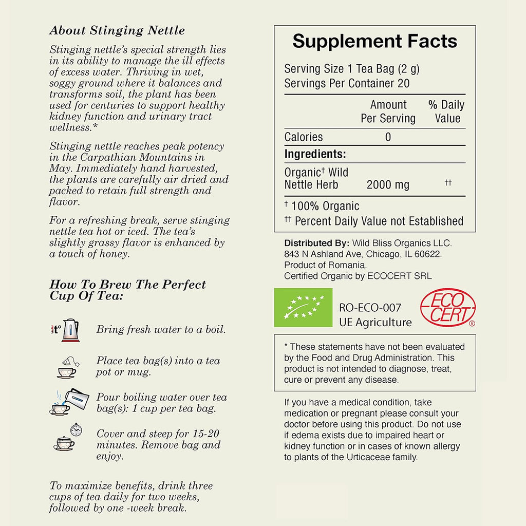 Wild Bliss Organic Wild Stinging Nettle Leaf Tea - Caffeine Free Urinary Tract and Joint Health Herbal Support - Pharmacopoeia Potency - 20 Plant Based Tea Bags