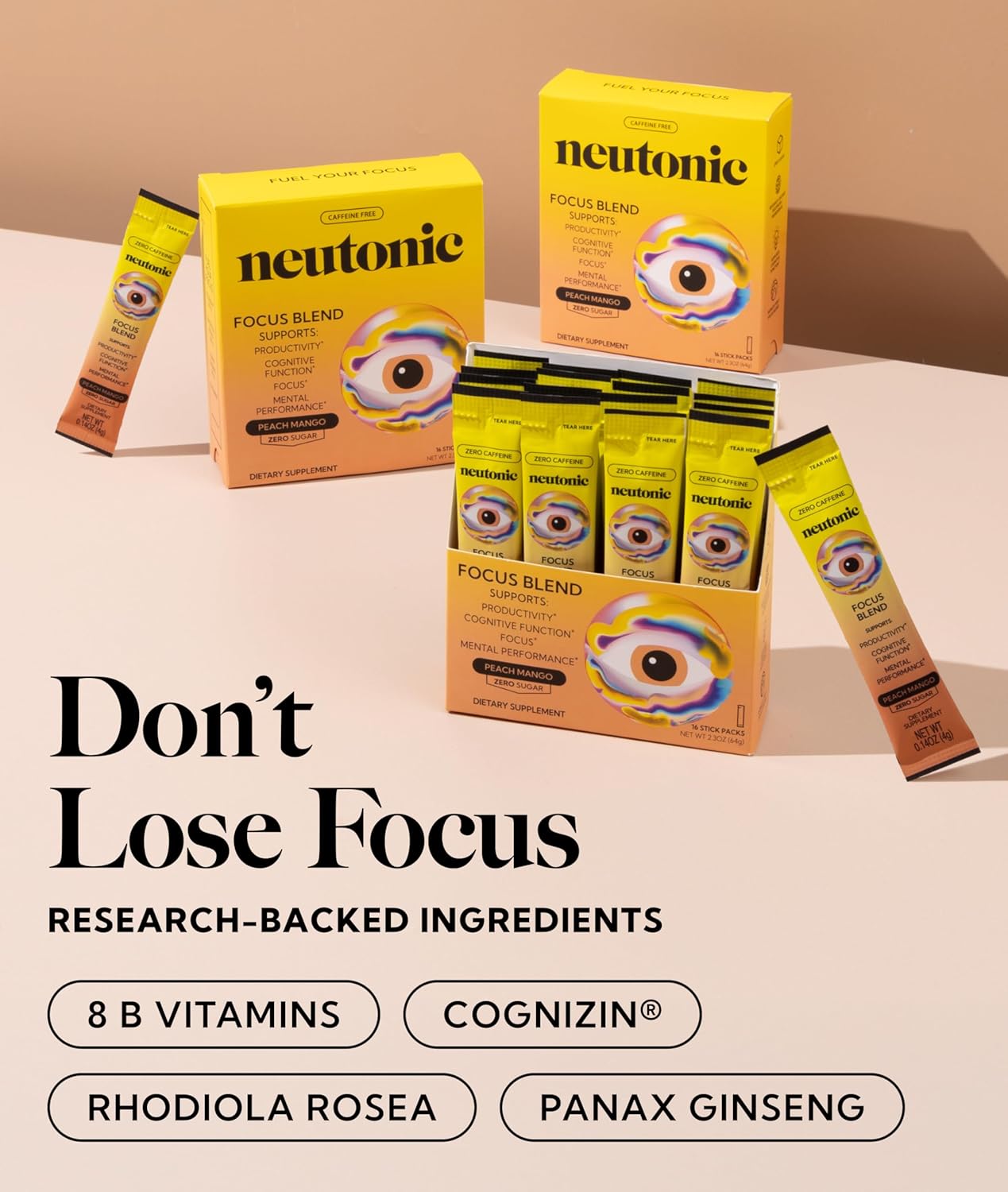 Neutonic Nootropic Focus Blend Powder | Peach Mango 16 Sticks | Caffeine Free, Zero Sugar | Support Memory, Mental Clarity, Cognitive Function | Boost Focus, Energy, Brain Health