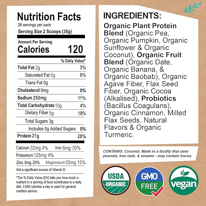EarthChimp Organic Vegan Protein Powder - with Probiotics - Non GMO, Dairy Free, Non Whey, Plant Based Protein Powder for Women and Men, Gluten Free - 26 Servings 32 Oz (Plain & Unsweetened) No Scoop