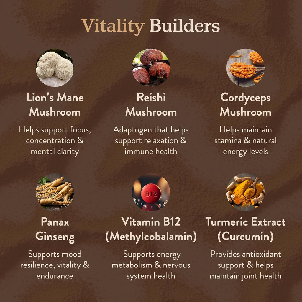 More. Longevity & Wellbeing Mushroom Coffee Superfood – 7 Functional Mushrooms with Lion’s Mane, Reishi, Chaga & Ashwagandha Extract, Instant Coffee Alternative with Prebiotics and Essential Vitamins for Focus & Energy, Salted Caramel Vanilla