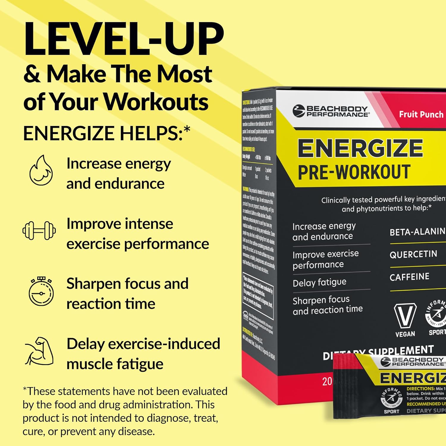 BODi Energize Pre Workout Powder - Beta-Alanine, Quercetin & Low-Dose Caffeine Formula for Enhanced Energy & Focus, Increase Energy & Endurance Supplement, Fruit Punch, 20 Sticks