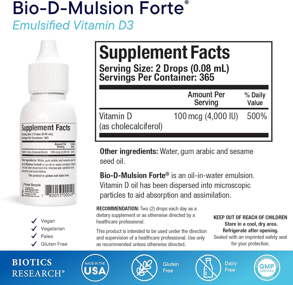 Biotics Research Bio-D-Mulsion Forte Liquid Vitamin D Drops 4000 IU – Vitamin D3 2000iu /Drop for Adults –Best Absorption, Strengthens Bones, Supports Cardiovascular & Immune System -1 fl oz