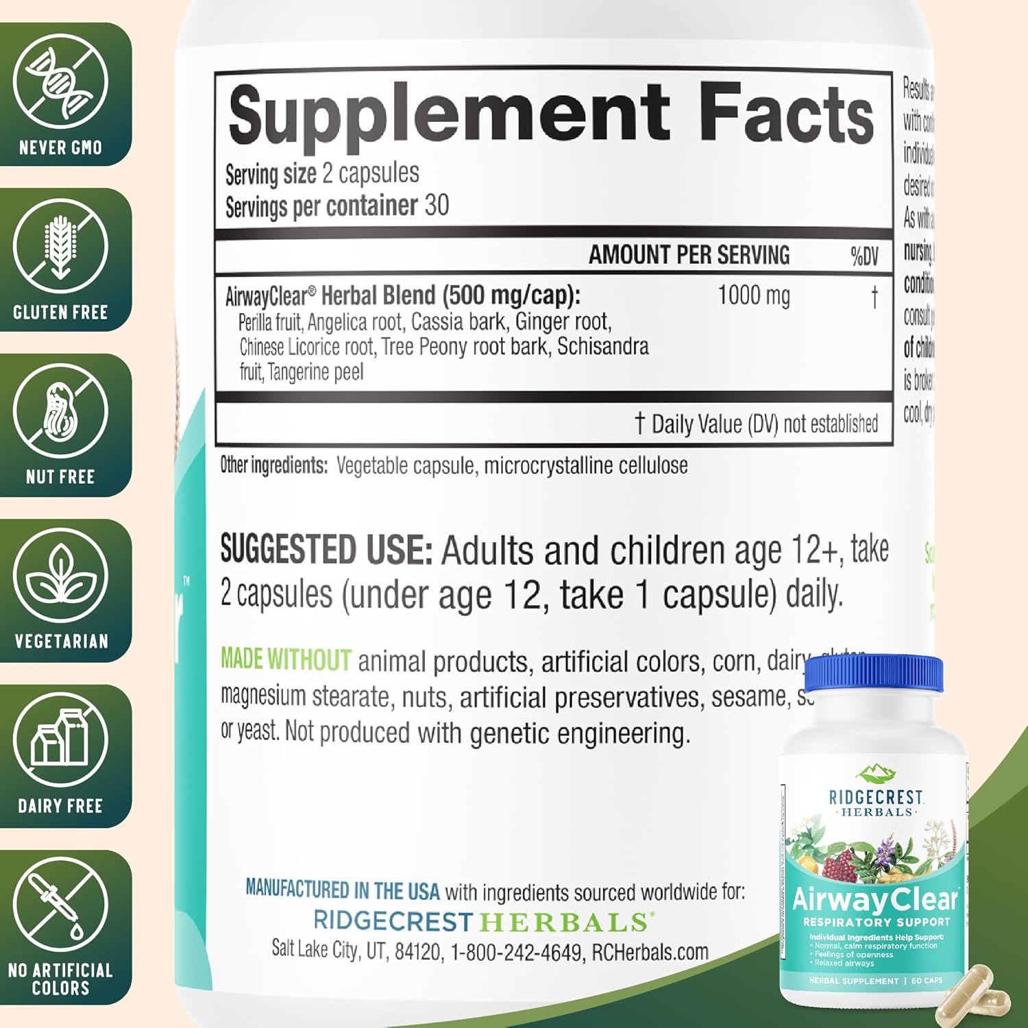 Ridgecrest Herbals AirwayClear, Lung Health and Breathing Support Supplements with Schisandra Fruit, Cassia Bark and Ginger Root, Sinus, Mucus Support, Gluten Free (60 Vegan Caps, 30 Serv)