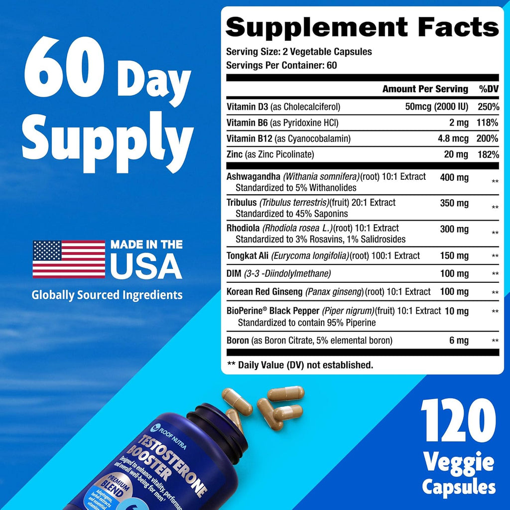 Testosterone Booster Supplement for Men - Male Enhancing Test Boost - Ashwagandha, Tongkat Ali, Rhodiola, Tribulus, Vitamin D3, B6, B12 - Workout, Muscle Builder, Strength, Energy, Performance - 120ct