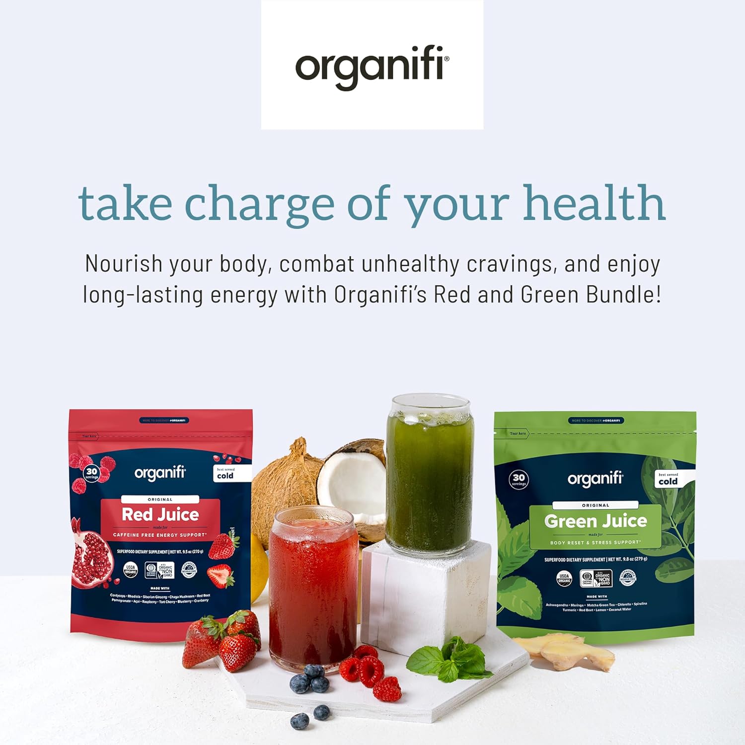 Organifi Green Juice and Red Juice Bundle - 30 Day Supply - Delicious, Refreshing Organic Superfood Supplement Powder With Antioxidants for Energy and Stress Relief Support - No GMO, Gluten, or Soy