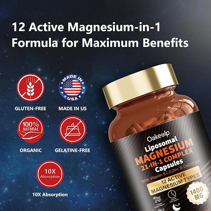 21 in 1 Liposomal 12 Active Types Magnesium Complex 1400mg (Glycinate,Citrate,Malate etc) Capsule -with Vitamin D3, B6, B12, Ashwagandha & CoQ10 for Adult-Support Relaxation,Muscle & Heart