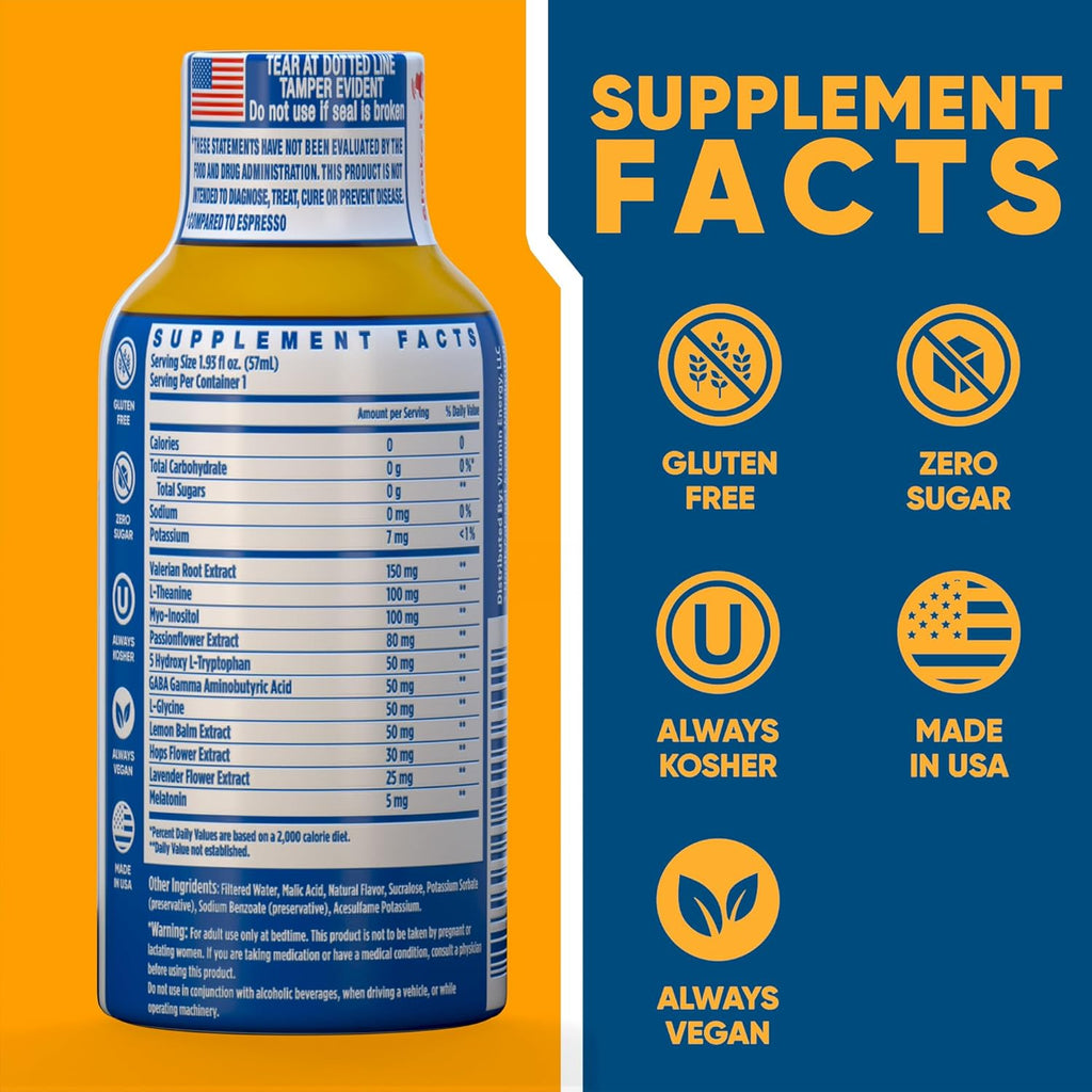 Vitamin Energy 8 Hour Sleep Shot Mixed Berry 8 Pack, Melatonin, 5-HTP, GABA, Valerian, Lavender, Nighttime Relaxation & Sleep Support Supplement, Zero Sugar, Vegan, Gluten-Free, Kosher, 1.93 fl oz