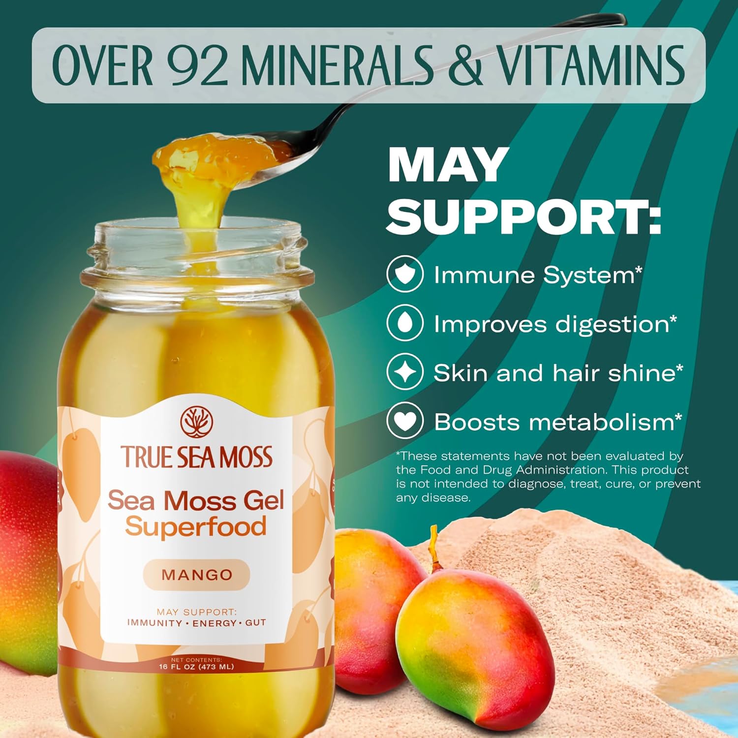 TrueSeaMoss Sea Moss Gel – Made in USA – Wildcrafted Seamoss, Fresh Fruits & Sea Vegetables – Mango, Pack of 1 (Labels May Vary)