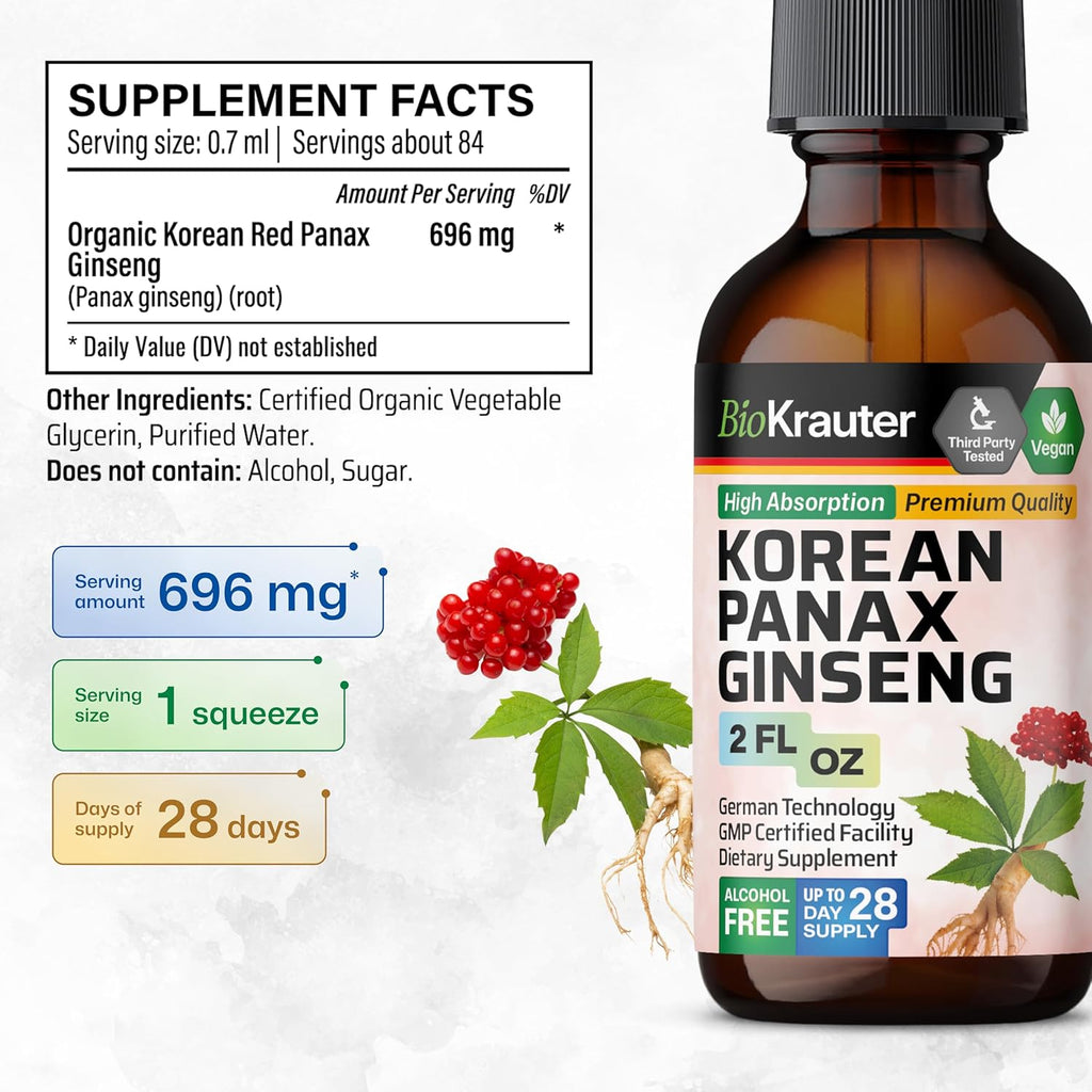 BIO KRAUTER Panax Ginseng Extract Liquid - Korean Red Ginseng Supplement Alcohol Free - Immune Support - Vegan, Sugar Free - 2 Fl.Oz.