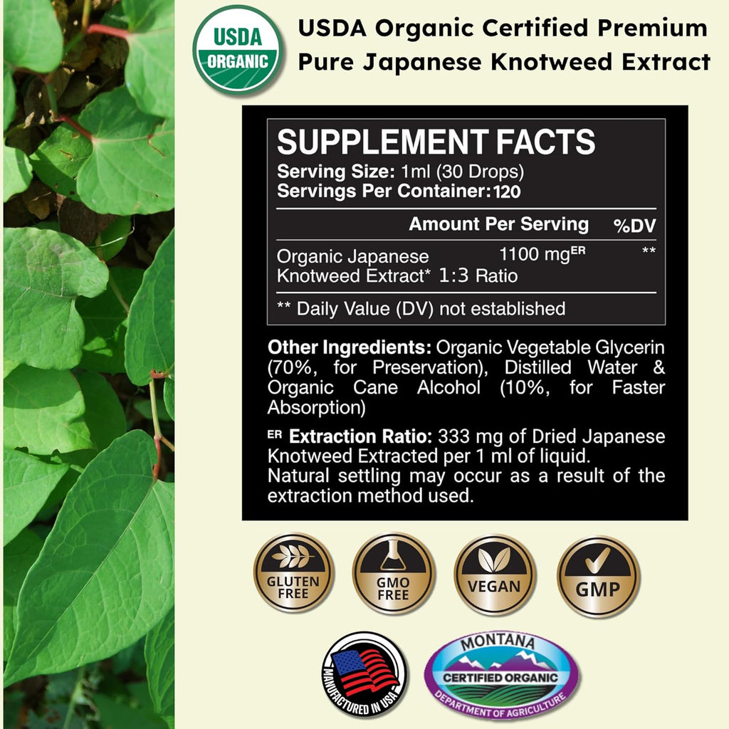 Japanese Knotweed Premium Resveratrol USDA Organic 3rd Party Tested Tincture 120ml/4oz - 1:3 Clinical Strength Ratio - Tick Wellness Aid and Immune Support Supplement - Made in The USA