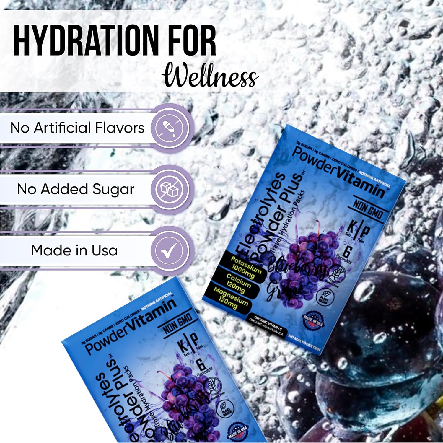 PowderVitamin Electrolytes Powder Plus, Keto, Blueberry Grape, Zero Sugar, 1000mg Potassium, 120mg Calcium, 120mg Magnesium, Non-GMO, Zero Calories, 30 Hydration Packets