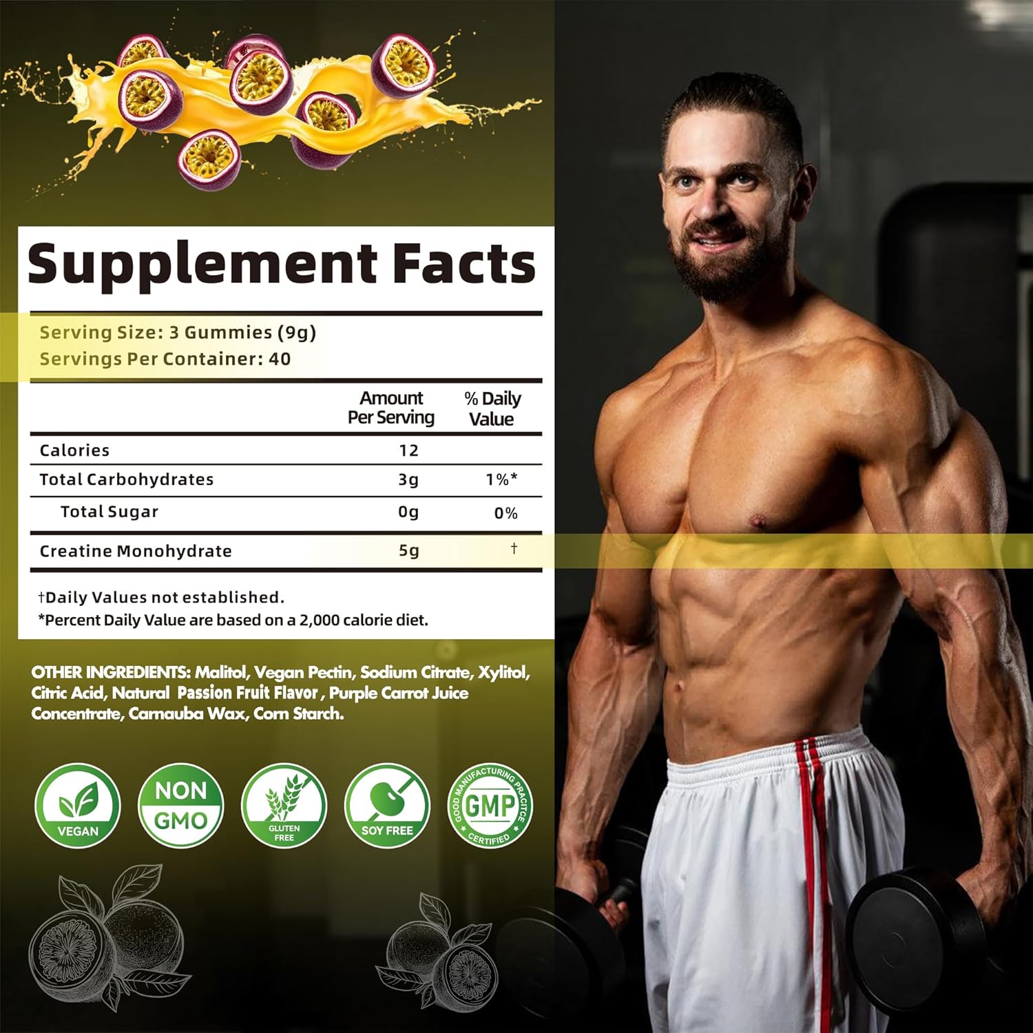 Creatine Monohydrate Gummies for Men & Women-5g of Creatine Monohydrate per Serving - Sugar Free,Vegan, Passion Fruit Flavor, 120 Count